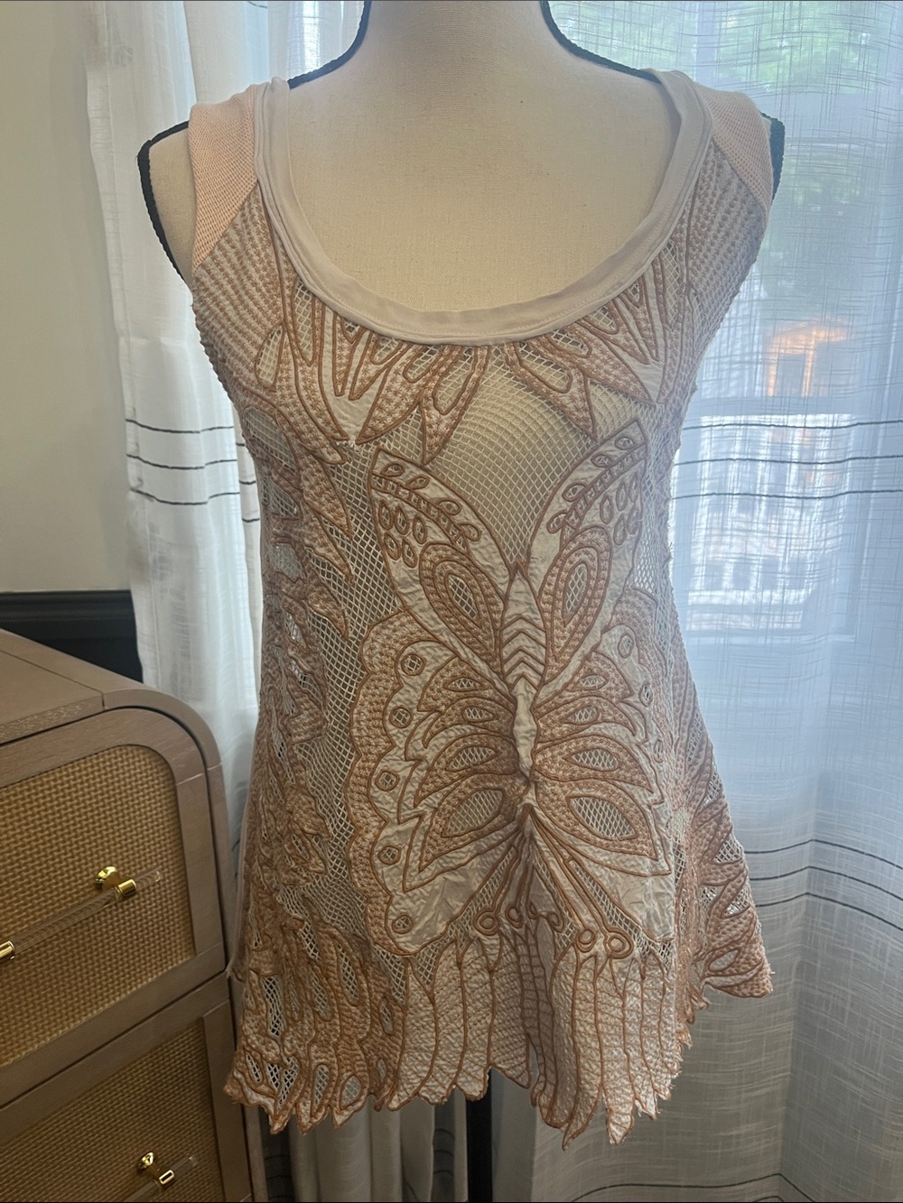Free People Beige and Tan Embroidered Tank